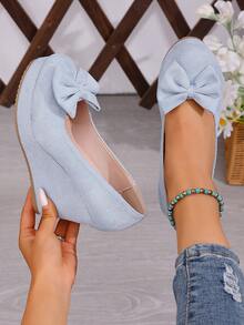 1 par de zapatos de plataforma y cuña con lazo decorativo para mujer, adecuados para salidas, ir al trabajo y fiestas - Azul - Ver 6