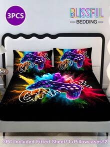 3pcs Sprayed Powder Game Console Black Background Bedding Set - 1 Fitted Sheet With Elastic Band + 2 Pillowcases, High-Definition Printing, 100% Polyester Fabric, Comfortable And Soft, Suitable For Bedroom, Dorm, Or Travel - Multicolor - View 1
