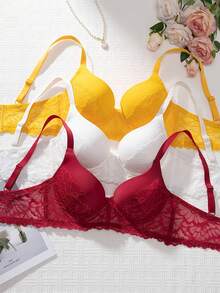 3pcs/Set Women's Full Coverage Elegant Floral Lace Underwire Push-Up Bra - Multicolor - View 5