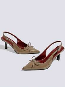 Women's Camel Bow Tie High Heel Shoes, Open Toe High Heels, Party High Heels, Wedding Shoes, Mary Jane Shoes, Formal Shoes, High Heel Sandals, Backless Slip-On Pointed Toe High Heels - Camel - View 4