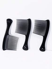 3把宽齿梳，适用于4C卷发，耐用ABS塑料手柄 - 黑色 - 查看 3