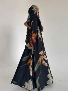 Women's New Floral Print Open Front Casual Abaya Robe With Headscarf, Daily Wear - Black - View 3