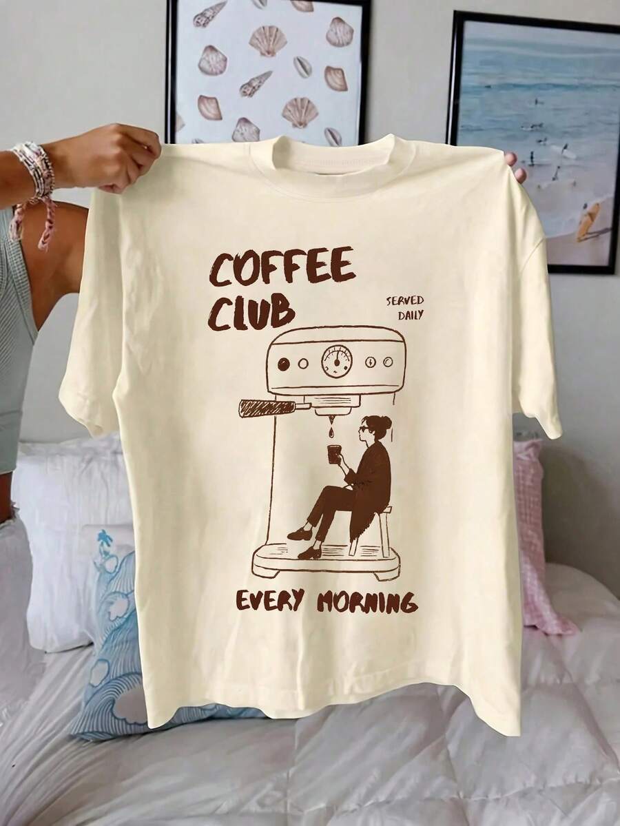咖啡俱乐部图案T恤，女士休闲圆领短袖T恤，适合春夏穿着 - 杏色 - 查看 1