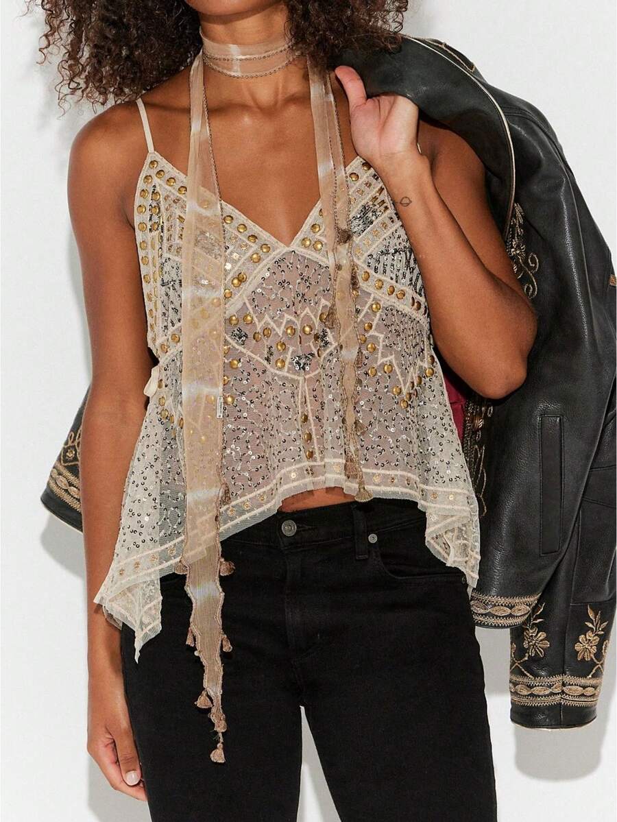 Women's Y2K Sparkly Sequin Tank Top Beaded Sheer Mesh Cami V Neck Party Rave Top - 杏色 - 查看 1