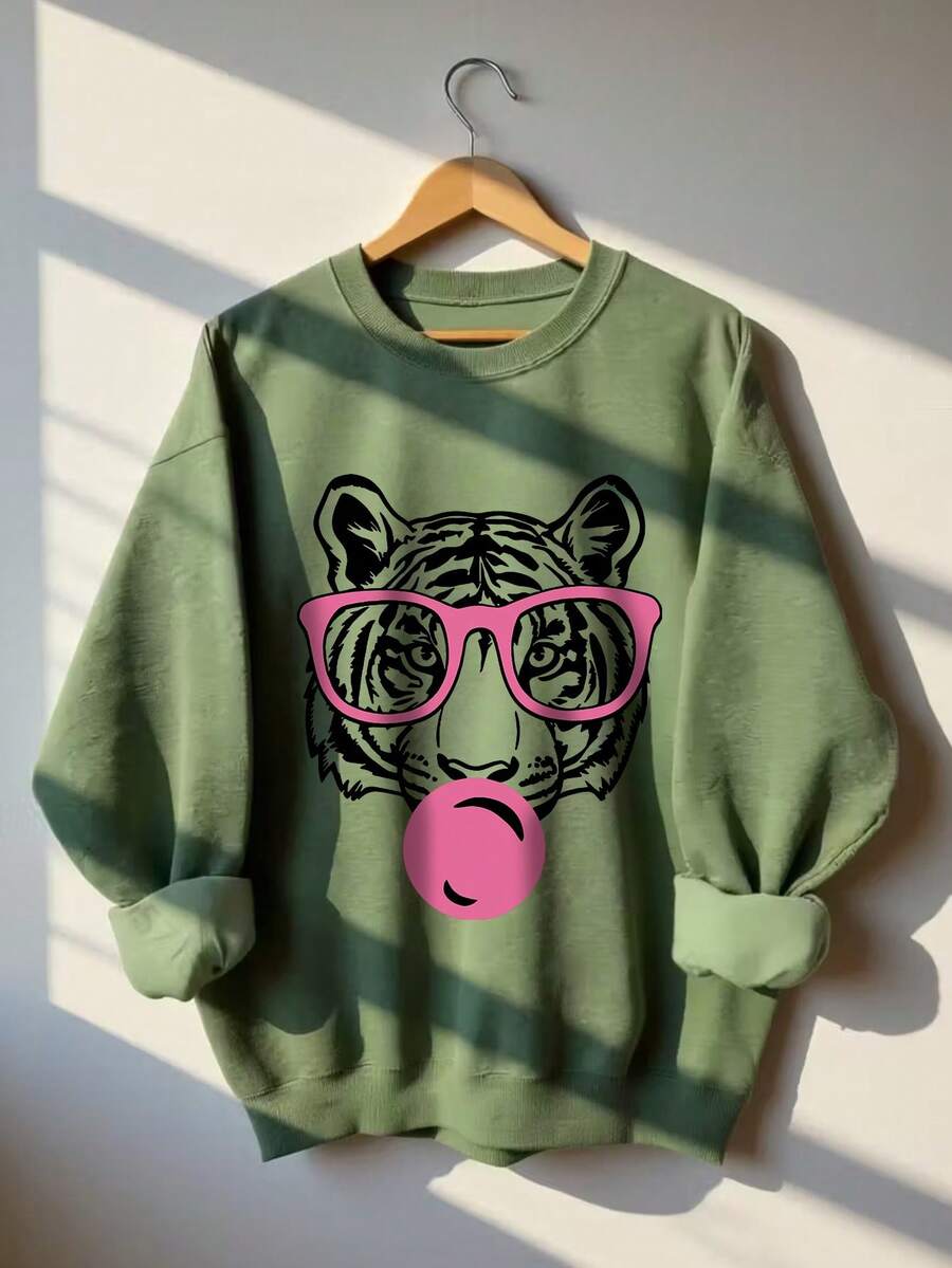 1pc Tween Girl Casual Printed Pullover Crew Neck Sweatshirt, Autumn/Winter Student Young Clothing Long Sleeve Thick Top , Eyeglasses Tiger Print - Green - View 1