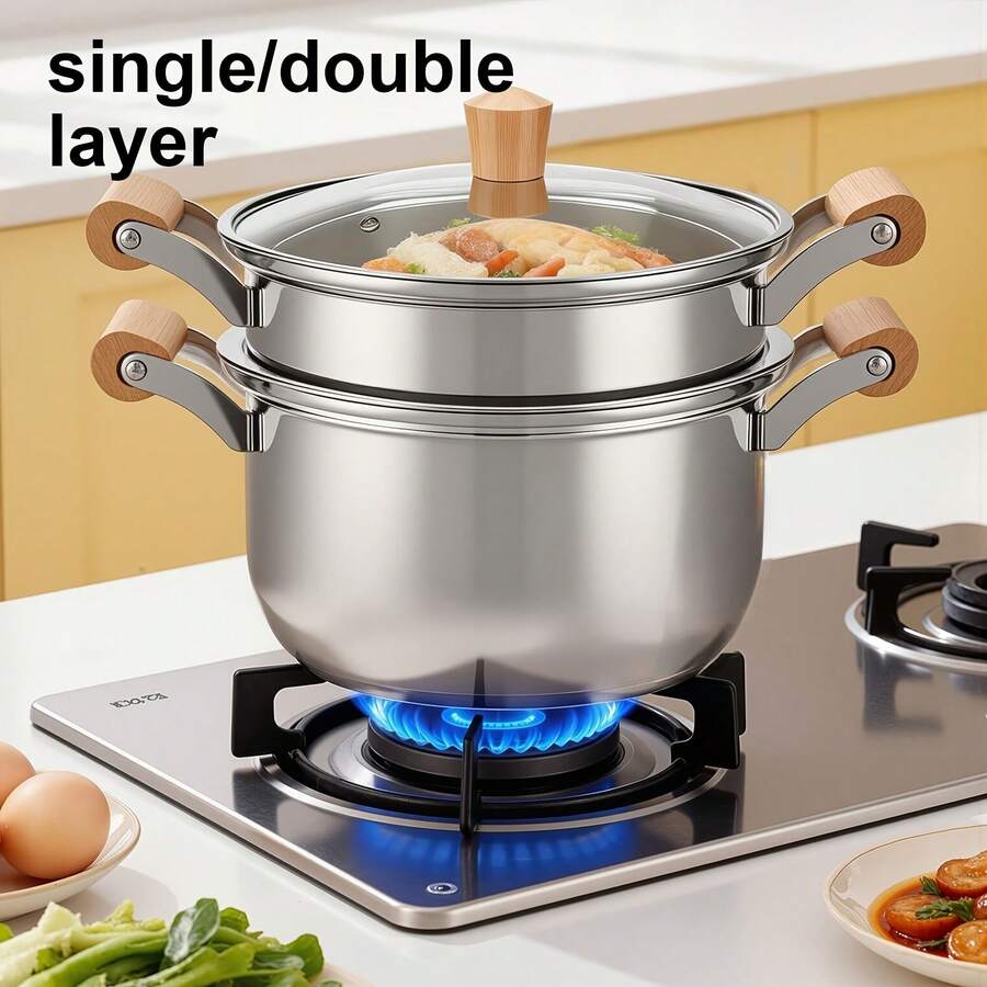 1/2-Tier Stainless Steel Steamer Pot, Multifunctional Stock Pot With Lid & Handle For Vegetables/Sauces/Food – Induction Compatible, Ideal For New Year Feasts - Silver Single Layer - View 1