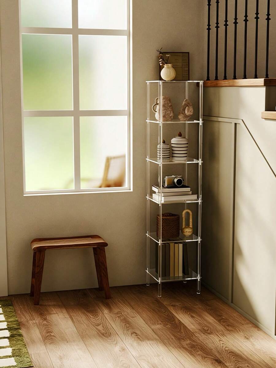 4-6 Tier Transparent Square Acrylic Bookshelf, Modern Corner Storage Rack Suitable For Living Room, Bedroom, Small Spaces