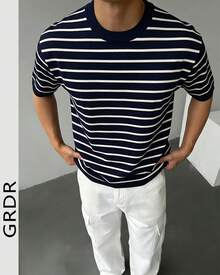 GRDR Men's Casual Navy Blue & White Striped T-Shirt - Simple & Fashionable Short Sleeve For Summer - Navy Blue - View 3