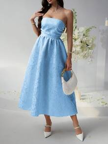 Look Polly 女士夏季连衣裙，纯色提花长款连衣裙，无肩带设计，适合婚礼、春夏穿着、返校季、派对、露肩舞会、优雅印花长款连衣裙、情人节、嘉年华蓝色连衣裙 - 藍色 - 查看 9