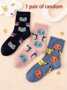 pokemon 1/3 双装 男士/男女通用 可爱卡通宝可梦皮卡丘提花图案中筒袜，透气、耐穿、舒适，适合日常穿着，多种颜色可选，运动休闲皆宜，四季皆宜，欧美尺码 - 彩色 - 查看 5