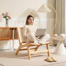 Armless Reclining Armchair With Rattan Backrest, Wooden Frame, Reading Chair For Living Room/Bedroom, Natural Wood - Mustard Yellow - View 6