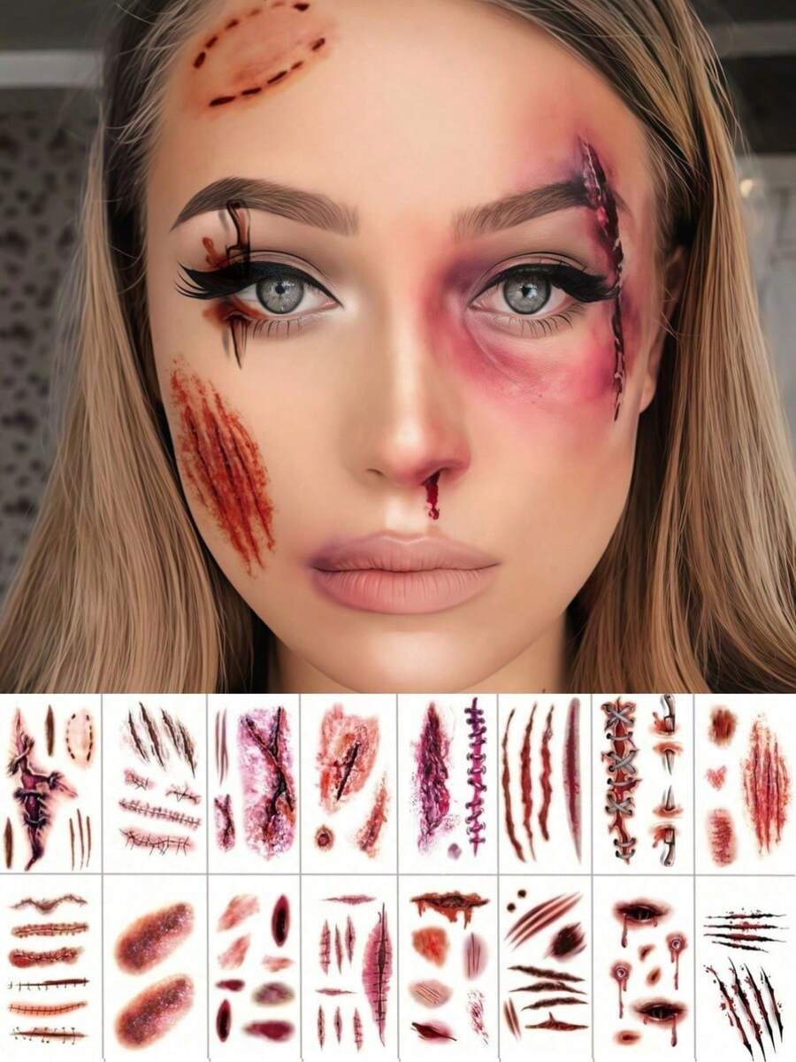 16 Sheets Zombie Tattoos Waterproof Realistic Stitches Wound Temp Sticker With Scratch Fake Blood Wounds Bite Mark For Costume Prank Cosplay Makeup Karneval Fasching Rave Festival Party - Multicolor - View 1