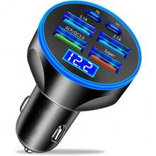 1pc Black 4-Usb Port With 2-Type-C Car Charger Adapter Featuring Led Display Of Voltage And Current - A - View 11