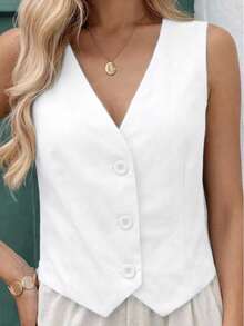 MICHELEE Elegant Women's Vest With V-Neck And Button Closure - White - View 2