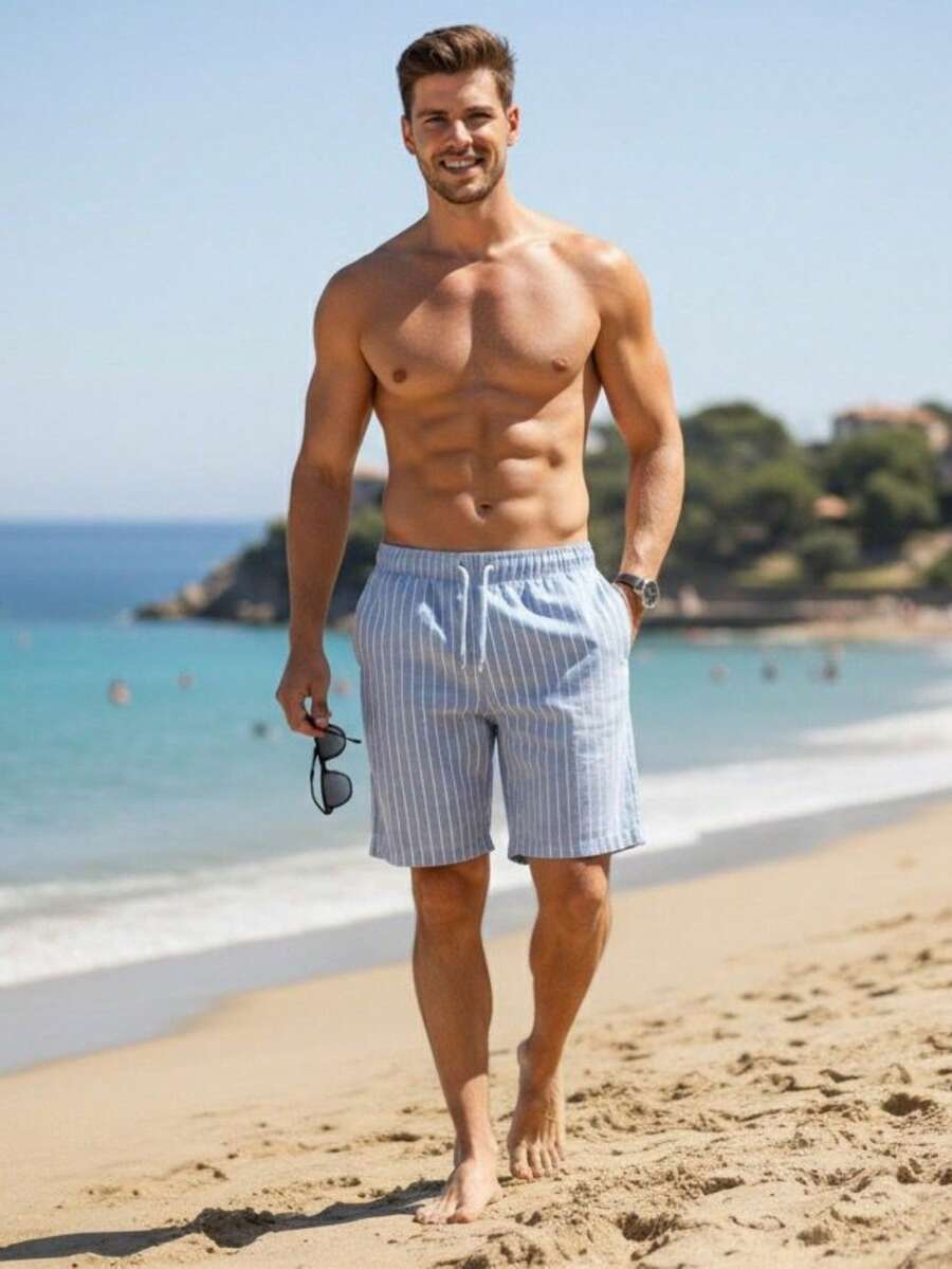 Men's Premium Linen Shorts With Drawstring, Cool And Comfortable Fabric, Perfect For Everyday Wear, Leisure, Summer, New Year's Eve, And Holidays. - 藍條紋 - 查看 1