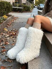 Women's Winter Knee High Boots Pull-On Faux Fur Round Toe Strap Boots For Women Comfy Plush Warm Outdoor Indoor Flat Shoes Punk Party Dressy Furry Fluffy Winter Autumn Fall Boots - 米色 - 查看 7