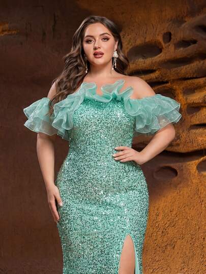Faeriesty Vestido de noche con hombros descubiertos y lentejuelas para mujer de talla grande, vestido formal elegante con cuello con volantes, silueta de sirena y diseño de abertura alta, adecuado para festivales glamorosos y celebraciones de Año Nuevo