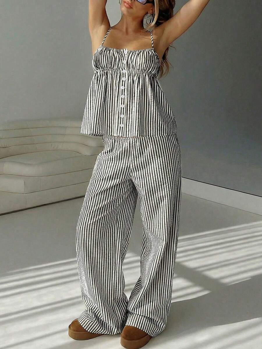 2 st/set linne med sexig topp, randig blus och vida byxor, avslappnad outfit för hemmet, examen, collegestil, vår/sommar - Svarta och vita ränder - Visa 1