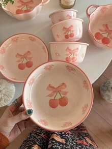 1pc High-Quality Pink Cherry Blossom Bow Ceramic Bowl, Cute Dinnerware Bowl, Large Capacity Bowl For Home Use - Multicolor - View 8