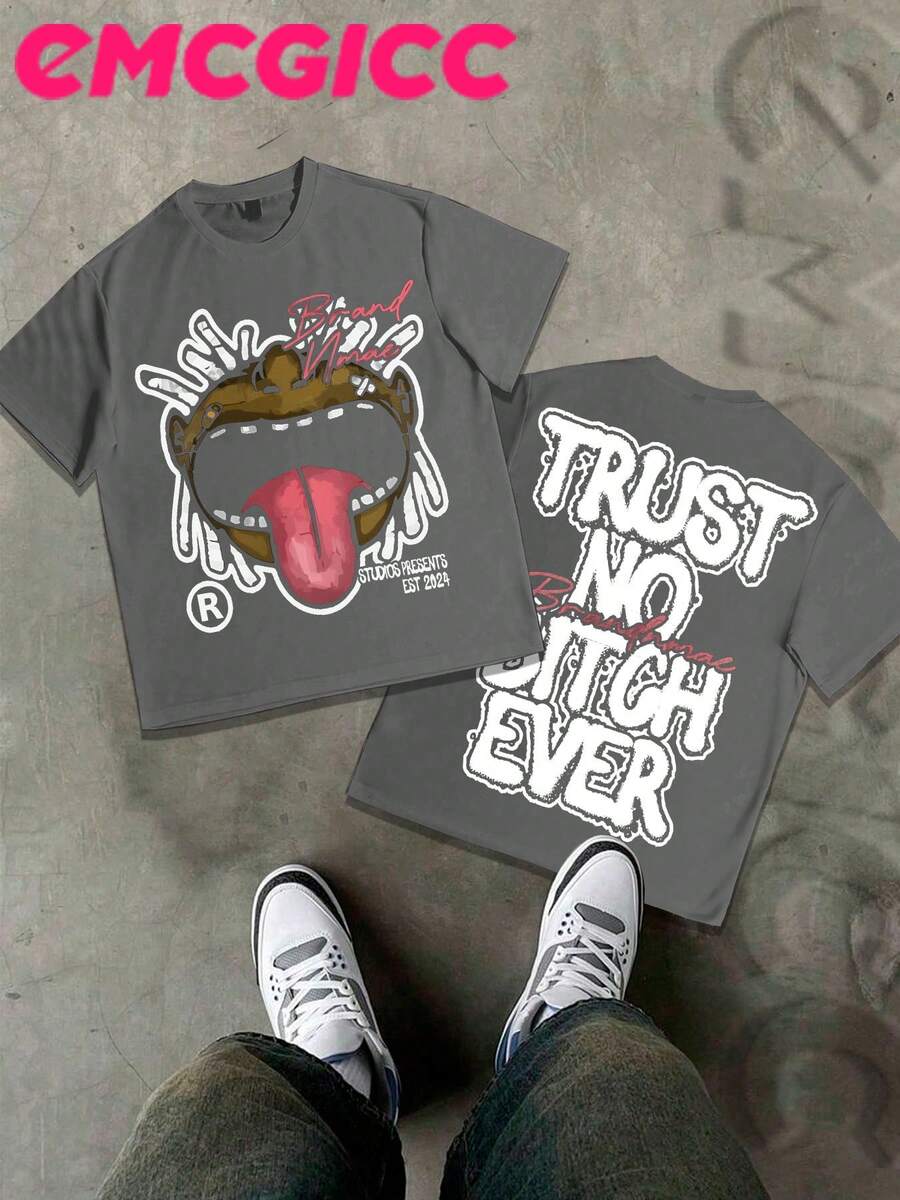 EMCGICC Y2k, TRUST NO BITGH EVER, Fun Patterns, Men's Summer Short Sleeved Pure Cotton Comfortable And Breathable Outdoor Street Round Neck T-Shirt, High-Quality Fashion Brand, A Surprise Gift For Family And Friends. - Xám - Xem 1