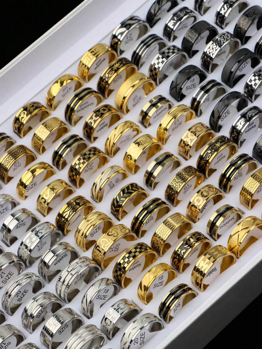 10Pcs/Lot Classic Fashion Exquisite Stainless Steel Men Women Rings Pattern Stripes Drip Oil Random Styles Casual Party Business Engagement Wedding Proposal Gifts Daily Wearing Accessories
