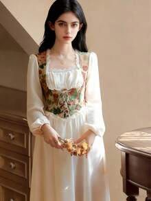 فستان رسمي بقصة قصر 2 في 1 لتنحيف الخصر، فستان أبيض طويل الأكمام بطراز فرنسي قديم، مناسب للمضيفات والدراما والعروض والرقص على المسرح - متعدد الألوان - مشاهدة 6