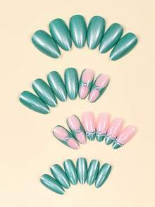 24片法式蝴蝶结美甲贴片，杏仁形，绿色，美甲用品，适合日常佩戴 - 彩色 - 查看 3