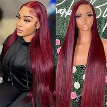 ZHUICHAO 26 Inch 180% Density Burgundy Reddish Human Blended Hair Straight Wig 13x4 Human Blended Hair Lace Front Wig With Baby Hair Heat Resistant & Breathable Synthetic Fiber Material Natural Hairline Free Parting Suitable For Party And Daily Wear - BUG - View 7