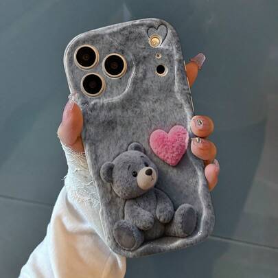 1pc Cute Grey Teddy Bear Pattern Phone Case, Curly Wave Edged Protective Phone Case, Thick Shock-Absorbing Phone Case, Cream-Colored Phone Case Compatible With Samsung S25 24 22 20 21 A13 15 16 23 24 25 Series, Halloween, Christmas Holiday Gift