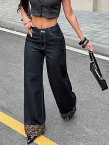 Women's Casual Loose Leopard Print Patchwork Wide Leg Jeans - Dark Wash - View 4