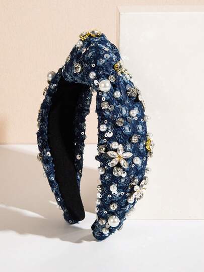 1pc Vintage Denim Knotted High Crown Headband For Women, Luxury Handcrafted Pearl & Gemstone Flower Decor, Elegant & High-Quality Hair Accessory
