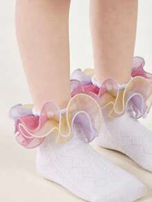1 đôi tất ngắn bằng cotton viền ren cho trẻ em, tất ren lưới mềm mại cho bé gái, tất công chúa dễ thương để nhảy múa. - trắng - Xem 6