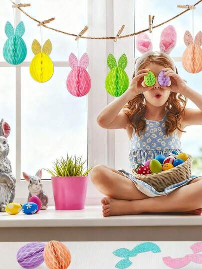 3件套复活节蜂窝挂饰，粉彩彩蛋兔子3D纸蜂窝球中心装饰品，彩色兔子树挂饰，适用于春季派对室内外装饰，也适用于复活节派对装饰、情人节、母亲节、毕业季、周年纪念日、春季派对室内外装饰、家居装饰、婚礼装饰、生日派对装饰