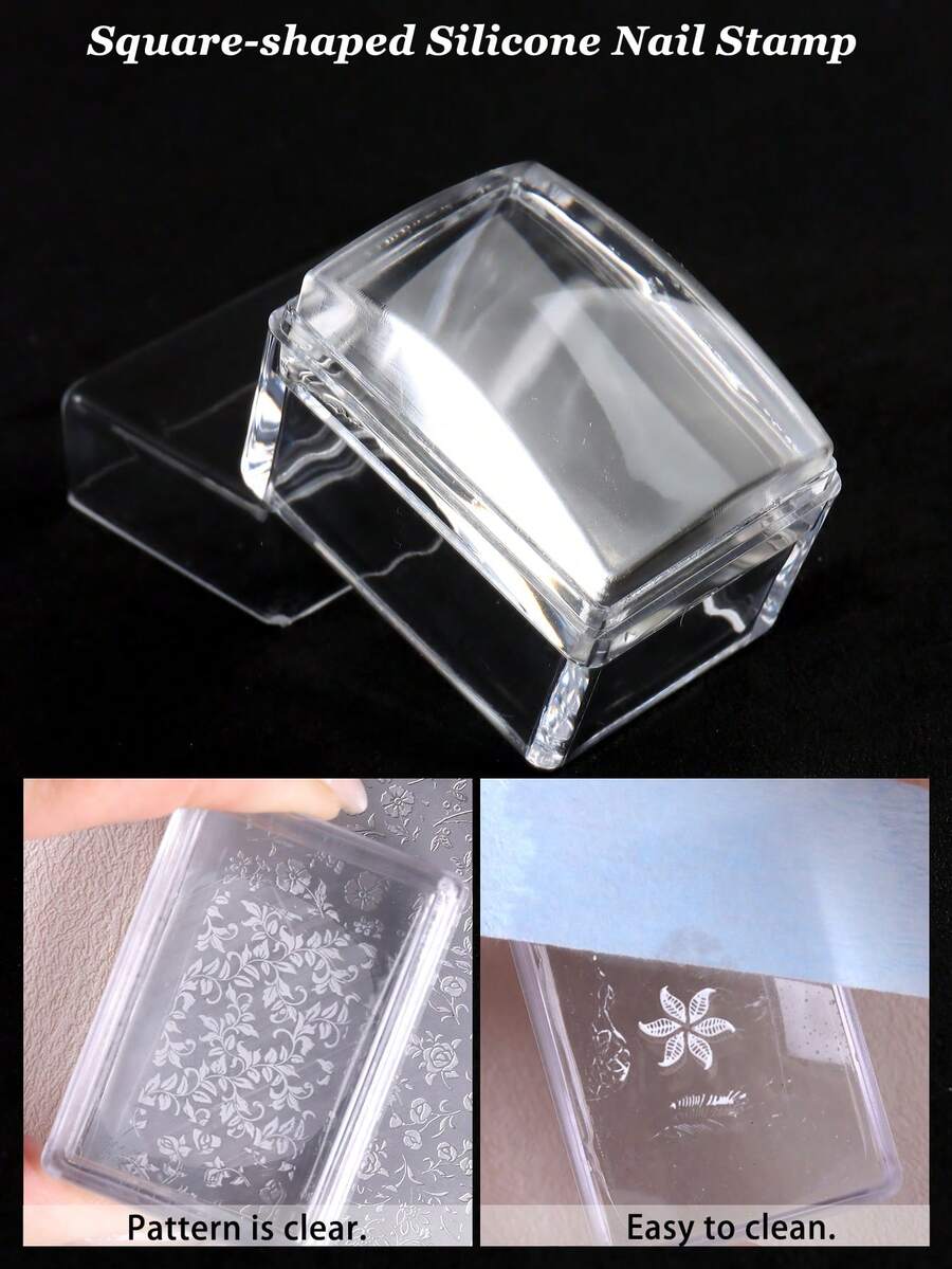 一套迷你方形硅胶美甲印花板 - 透明、红色和蓝色美甲印章,带刮刀 - 用于美甲模板印花和法式美甲。DIY美甲沙龙配件和美甲护理用品。 - 無色 - 查看 1