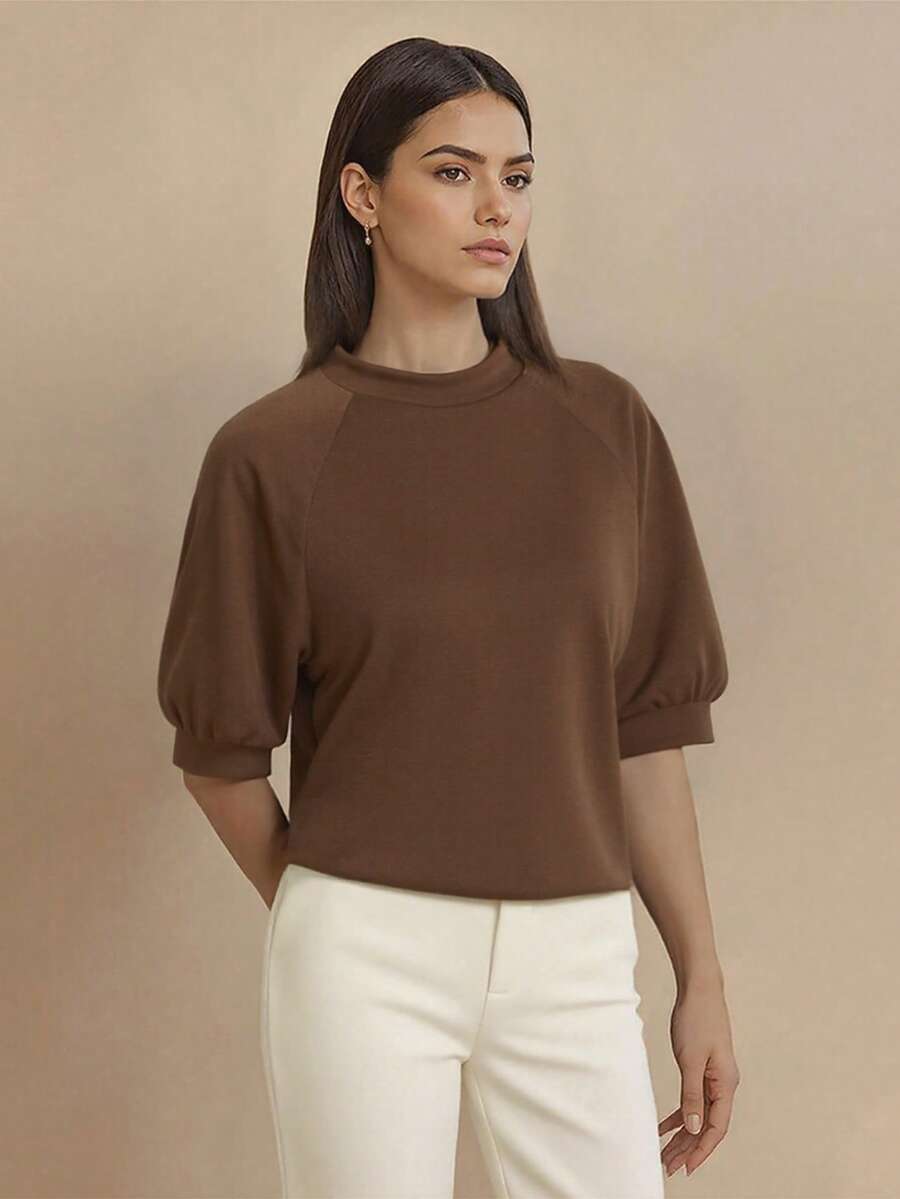1pc Women's Solid Color Short Sleeve Top, Suitable For College, Home, Daily, Travel, Spring/Summer - Coffee Brown - View 1