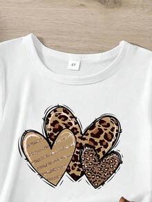 Young Girl Summer Casual Daily Leopard Print Heart Graphic Crew Neck Short Sleeve T-Shirt And Shorts - White - View 4