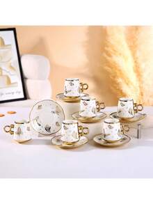 6件套欧式茶杯碟套装，金边，2.8盎司，陶瓷咖啡杯碟套装，适合早餐、下午茶、茶会、居家、花园、餐厅等各种场合。夏季和冬季饮具，茶杯碟套装，返校季必备。 - 金色 - 查看 5