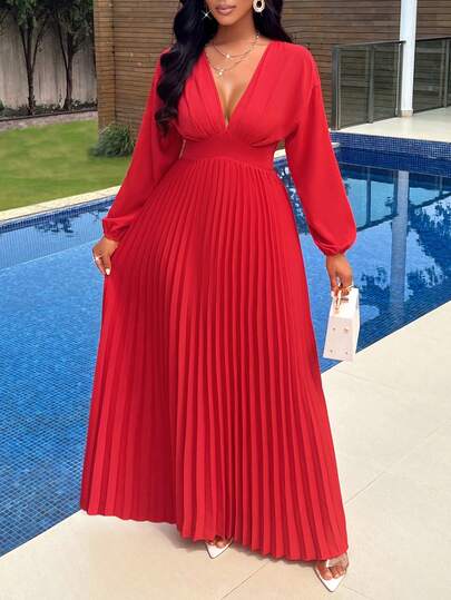 AIJ Amarilo Röd Färg Sexig Djup V-ringad Långärmad Midja Design Plisserad Fållklänning, Elegant Fest, Alla hjärtans dag, Nya Damkläder