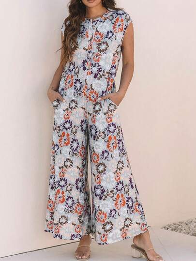 Acelitt 夏季天蓝色碎花图案无袖开衫，带纽扣口袋，超宽松阔腿连体裤