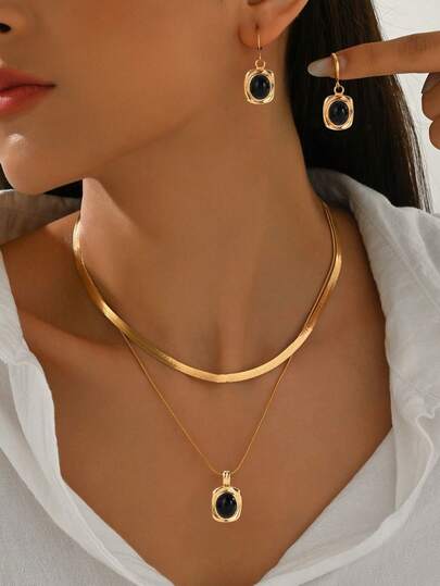 3件套中东风情优雅女士吊坠项链+耳环首饰套装，时尚简约几何方形黑色亚克力吊坠，扁平蛇形链双层锁骨项链，适合日常、节日、派对、通勤等场合，百搭饰品