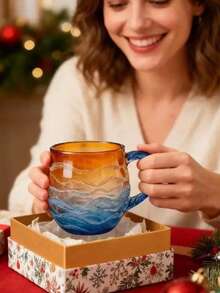 1pc Gradient Seascape & Sunset Painted Glass Cup With Handle, Heat-Resistant Milk/Coffee/Beverage Mug, Minimalist Thick Glass Juice/Water Cup, Suitable For Home, Office, Party - Multicolor - View 6