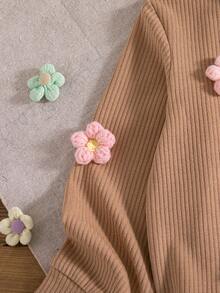 2件套女童休闲碎花圆领长袖卫衣长裤套装，春秋季 - 卡其色 - 查看 5