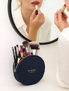 CHANEL Limited Edition Navy Blue Embossed Wool Round Cosmetic Bag, With Gold Logo And Camellia Zipper Pull, Luxury Makeup Pouch - Navy Blue - View 6