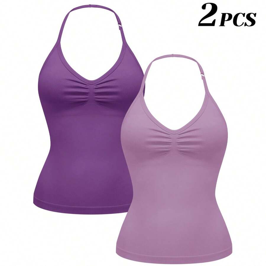 VVX 2PCS Women's Basic Halter Neck Solid Impact Longline Strappy Top Yoga Sports Bra Removable Padding - Tím/Tím khoai môn - Xem 1