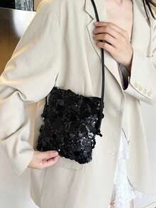 1pc Quilted Open-Close PVC Sequin Small Square Bag, Fashion Shiny Sequin Coin Purse Phone Bag, Women's Party Event Bag, New Stylish Chain Crossbody Bag, Shiny Glitter Chic Shoulder Bag, Suitable For Women To Attend Banquets And Parties - Black - View 3