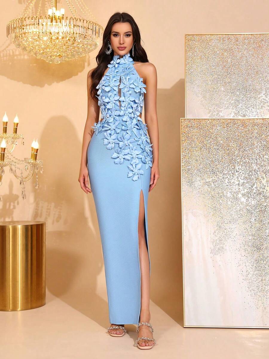 新款时尚3D立体花卉性感立领无袖镂空露背高开衩绷带长裙，优雅女士正式晚礼服、婚礼宾客、节日派对之选 - 淺藍色 - 查看 1