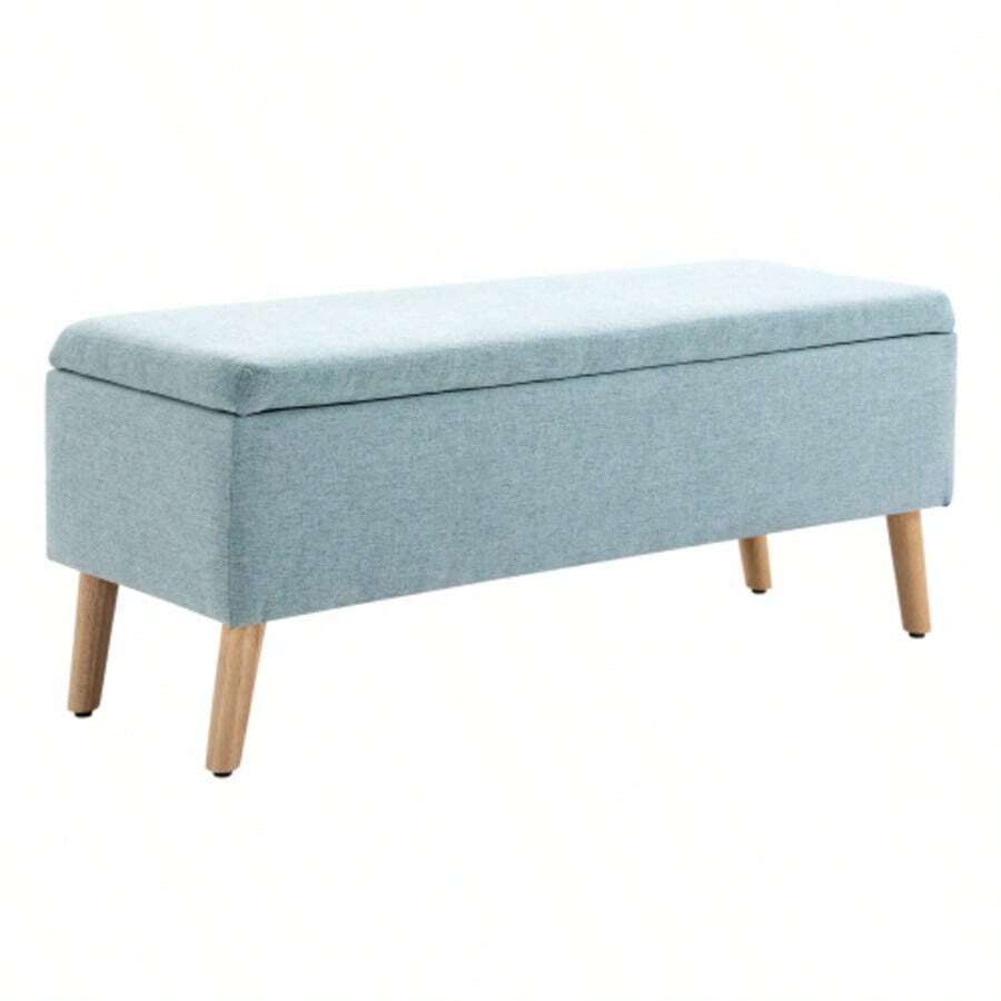 Light Green Upholstered Bench With Storage Space, 110 X 39 X 45 Cm, Made Of Linen-Look Polyester And Rubberwood, In Scandinavian Style. - Mint Green - View 1