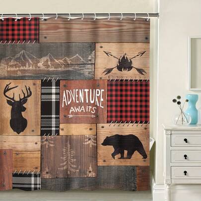 1/4 st duschdraperiset med björnstuga, vattentätt duschdraperi med 12 plastkrokar, halkfri matta och toalettlock, badrumsavdelare i vintage lantlig stil, badrumstillbehör, heminredning