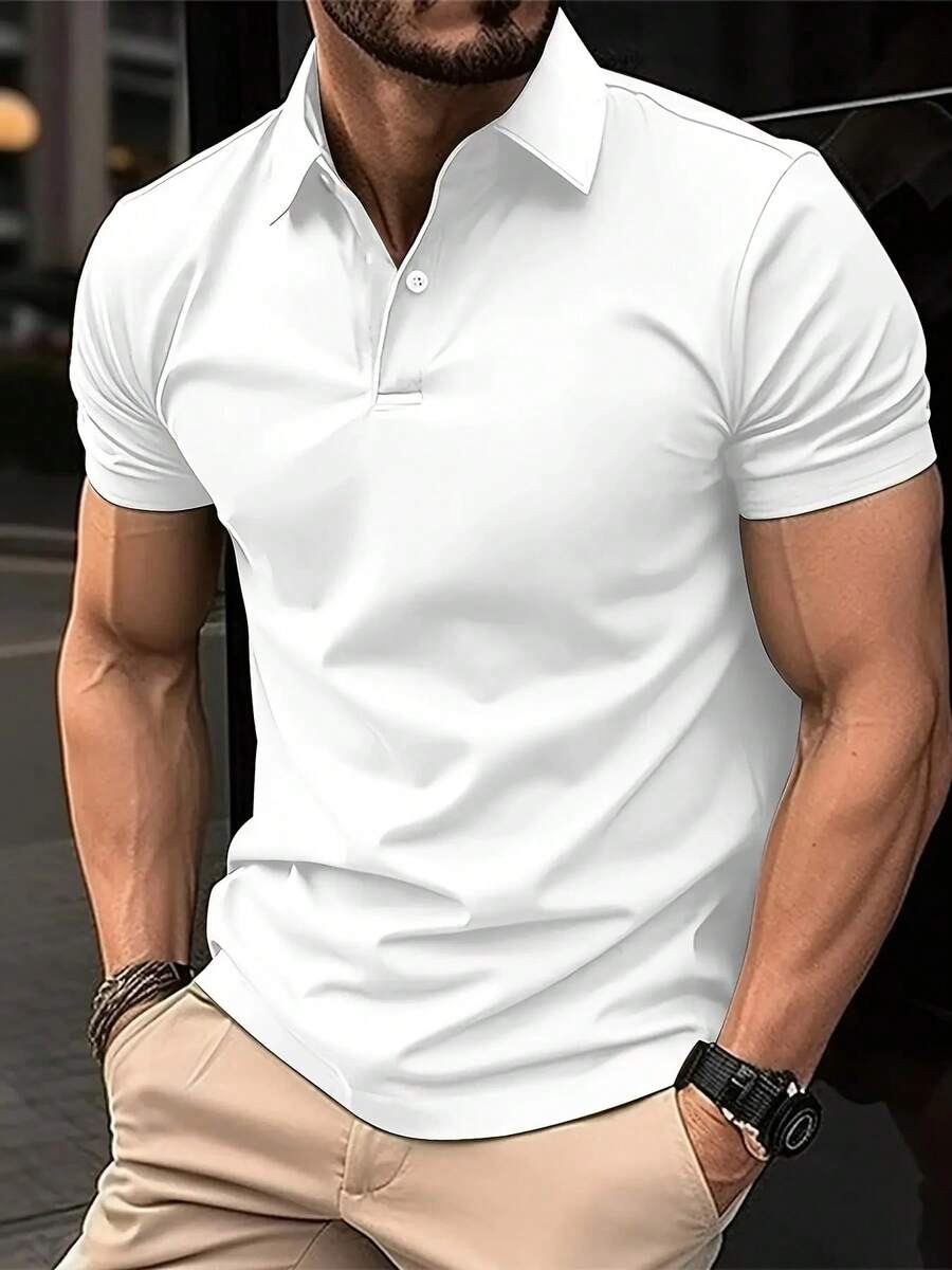 Men's Shirt, Men's Loose Casual Business Polo Shirt, Fashion Knit Sweater, Casual Turndown Collar Short Sleeve Top - White - View 1