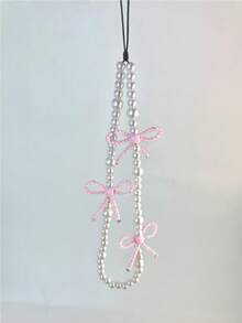 1pc Pink Bow Pearl Pendant Phone Strap - Bow Design - Phone Case Accessory, Gift For Mother, Family, Friends, Birthday, Holiday Phone Charm